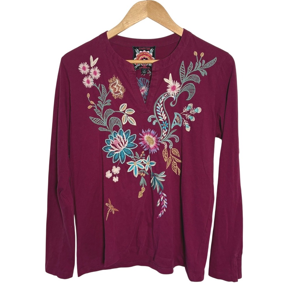 Johnny Was Los Angeles Burgundy Floral Peacock Embroidered Cotton Top Size Med